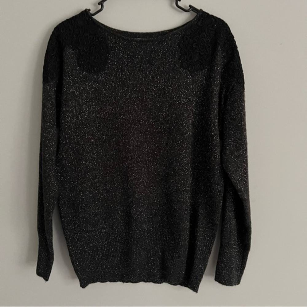 ELLE Black Knit Silver Metallic Lace Shoulder Detail Long Sleeve Sweater